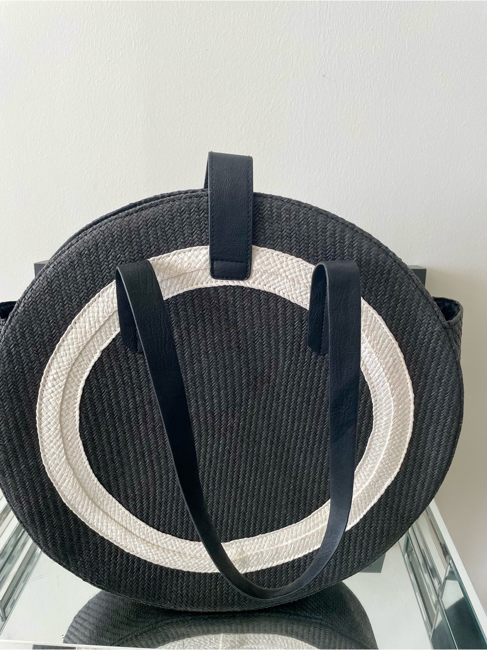 H&M Black and White Round Straw Tote